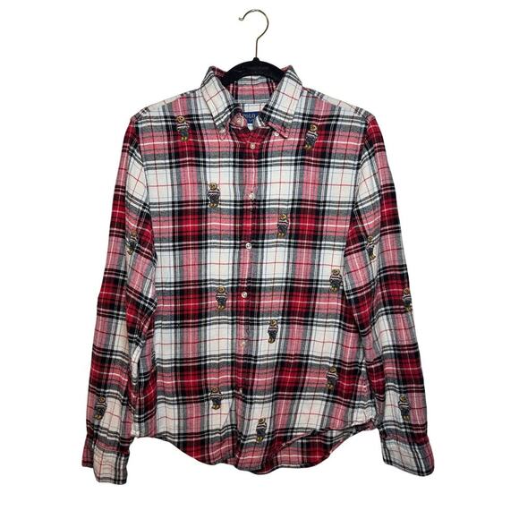 Polo Ralph Lauren Plaid Flannel Shirt Embroidered Polo Bear 100% Cotton Sz Large - Picture 1 of 5